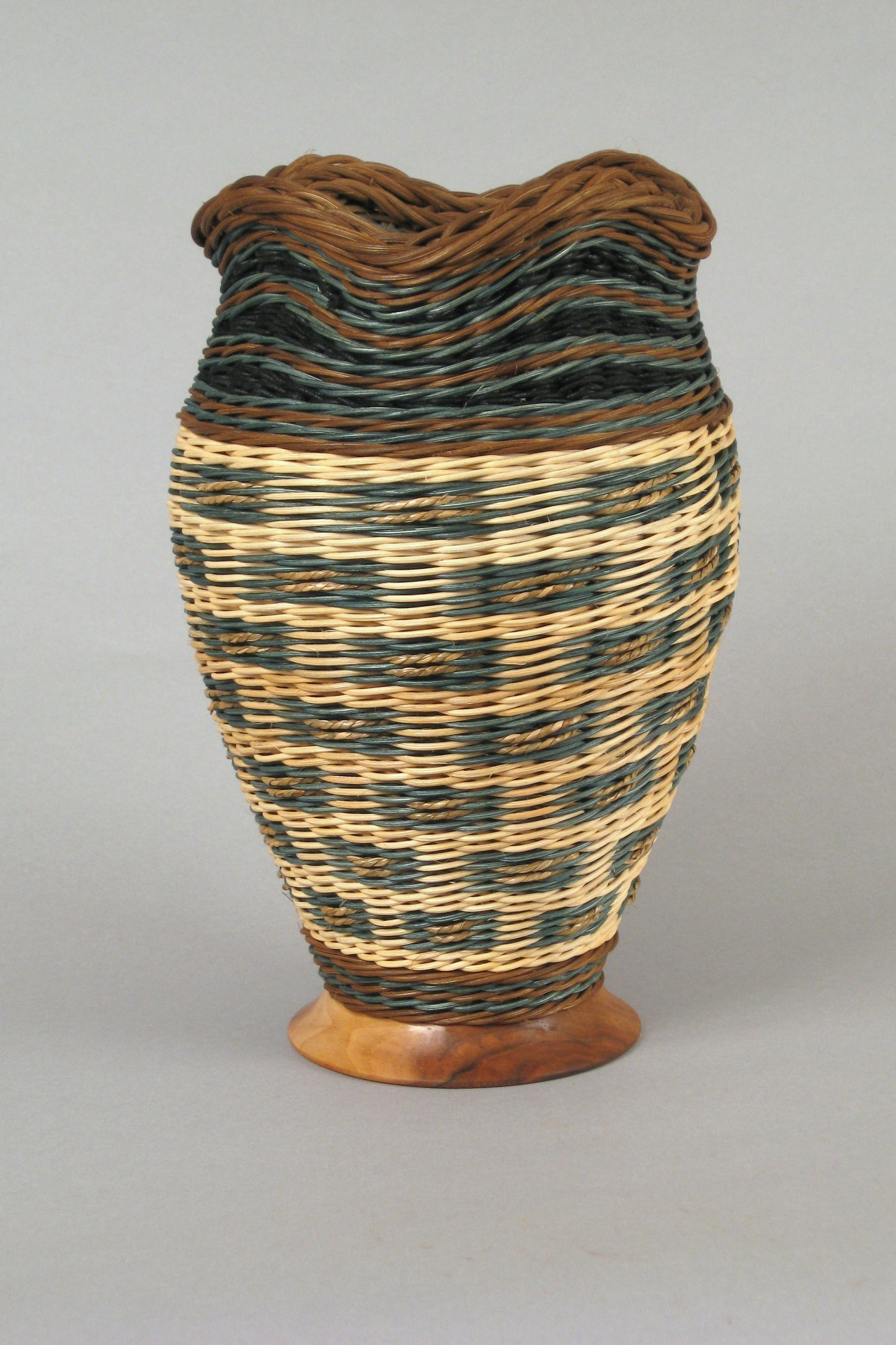 "Spotted" Mixed Media Basket with Hand Turned Walnut Wood Base
