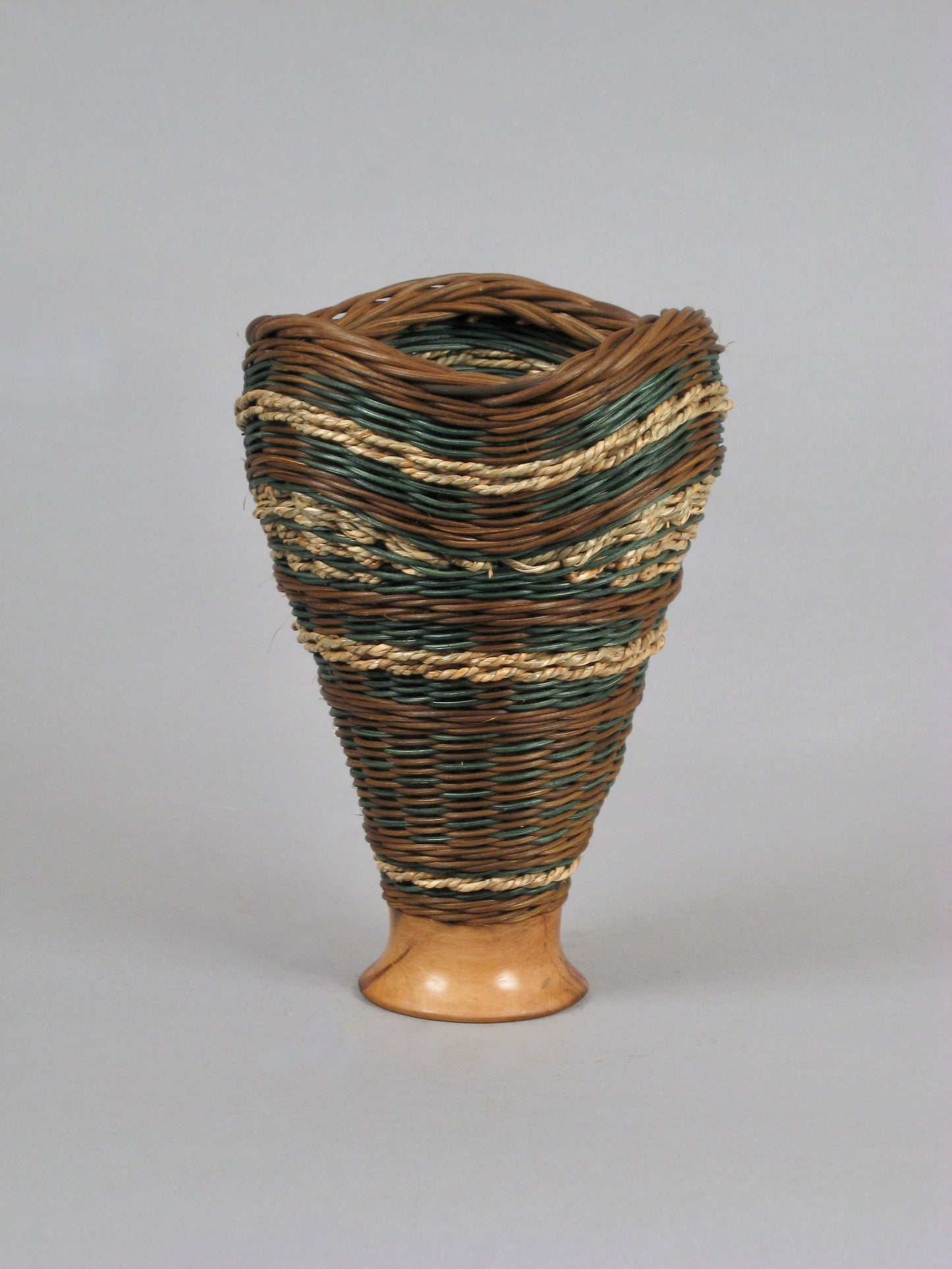 Triple Waves with Cherry” Mixed Media Basket with Hand Turned Wood Base