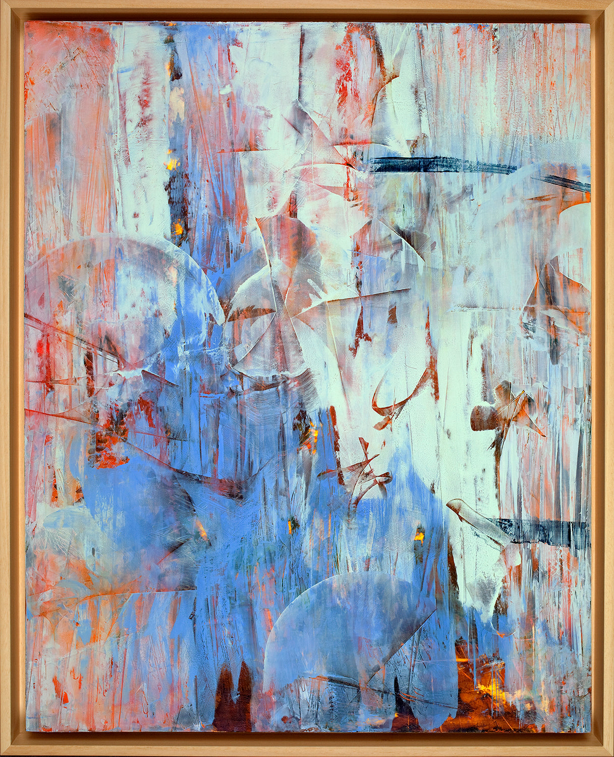 "Fireflies Fan Song” Framed Oil and Cold Wax on Cradled Panel