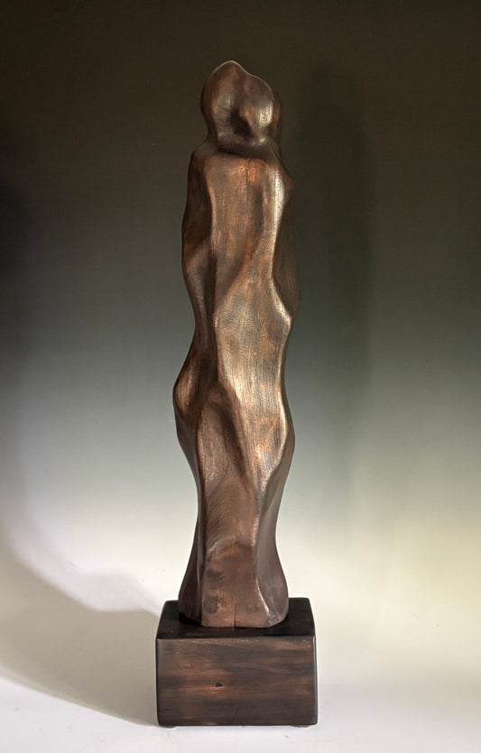"TENDER EMBRACE" HAND CARVED WILD CHERRY WITH BRONZE FIGURATIVE SCULPTURE