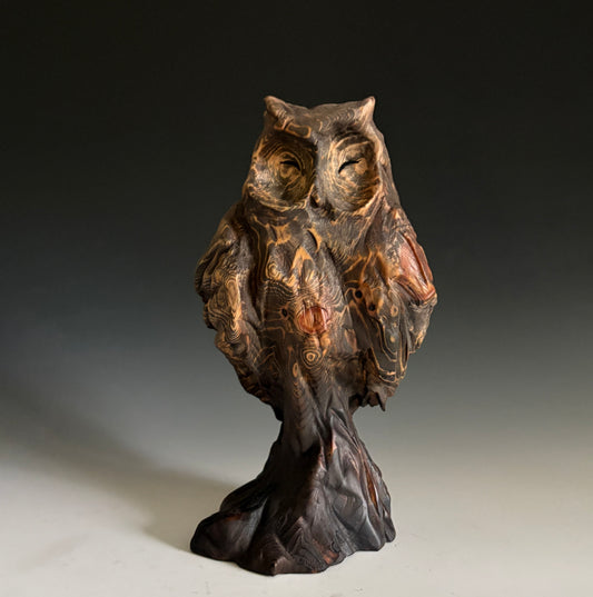 "FIRST CRUSH IX" HAND CARVED HEMLOCK OWL SCULPTURE