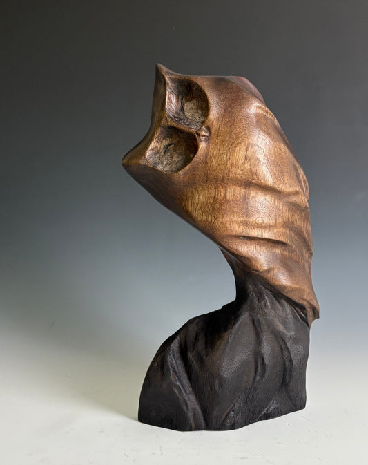 "NIGHT KISS" HAND CARVED WALNUT OWL SCULPTURE