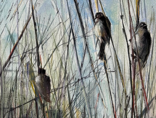 "THREE LITTLE BIRDS IN WINTER" ORIGINAL PASTEL/FRAMED