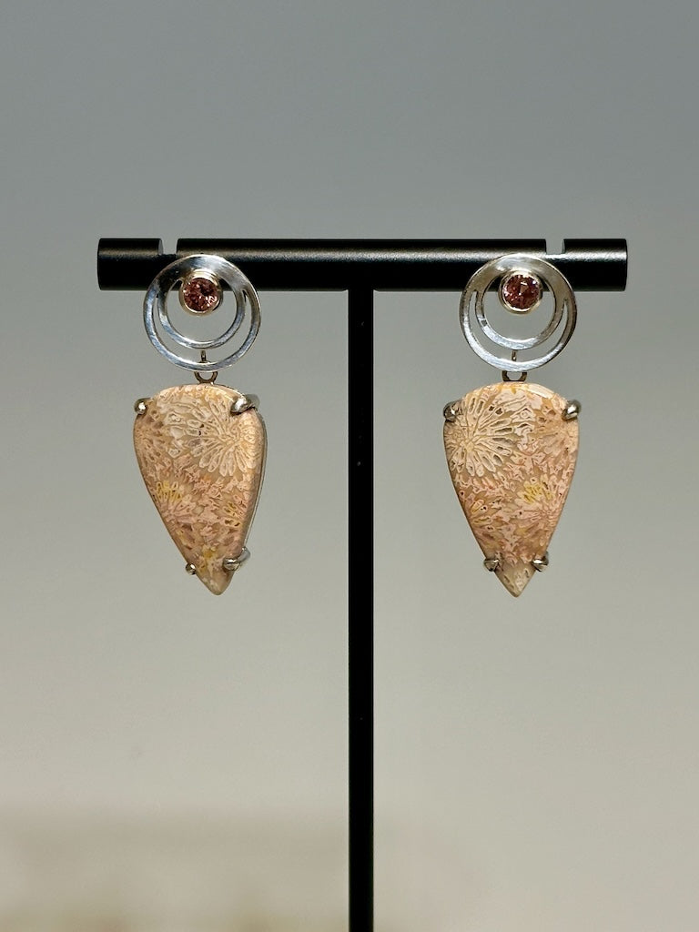 "LUNATION 1" EARRINGS WITH FOSSILISED CORAL, NATURAL PINK SPINELS AND STERLING SILVER ON POSTS AV141