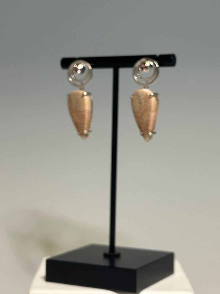 "LUNATION 1" EARRINGS WITH FOSSILISED CORAL, NATURAL PINK SPINELS AND STERLING SILVER ON POSTS AV141