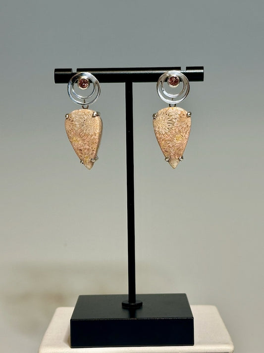 "LUNATION 1" EARRINGS WITH FOSSILISED CORAL, NATURAL PINK SPINELS AND STERLING SILVER ON POSTS AV141