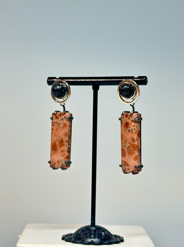 "LUNATION 2" EARRINGS WITH LAVA STONE, JASPER, POLISHED AND OXIDIZED STERLING SILVER AV142