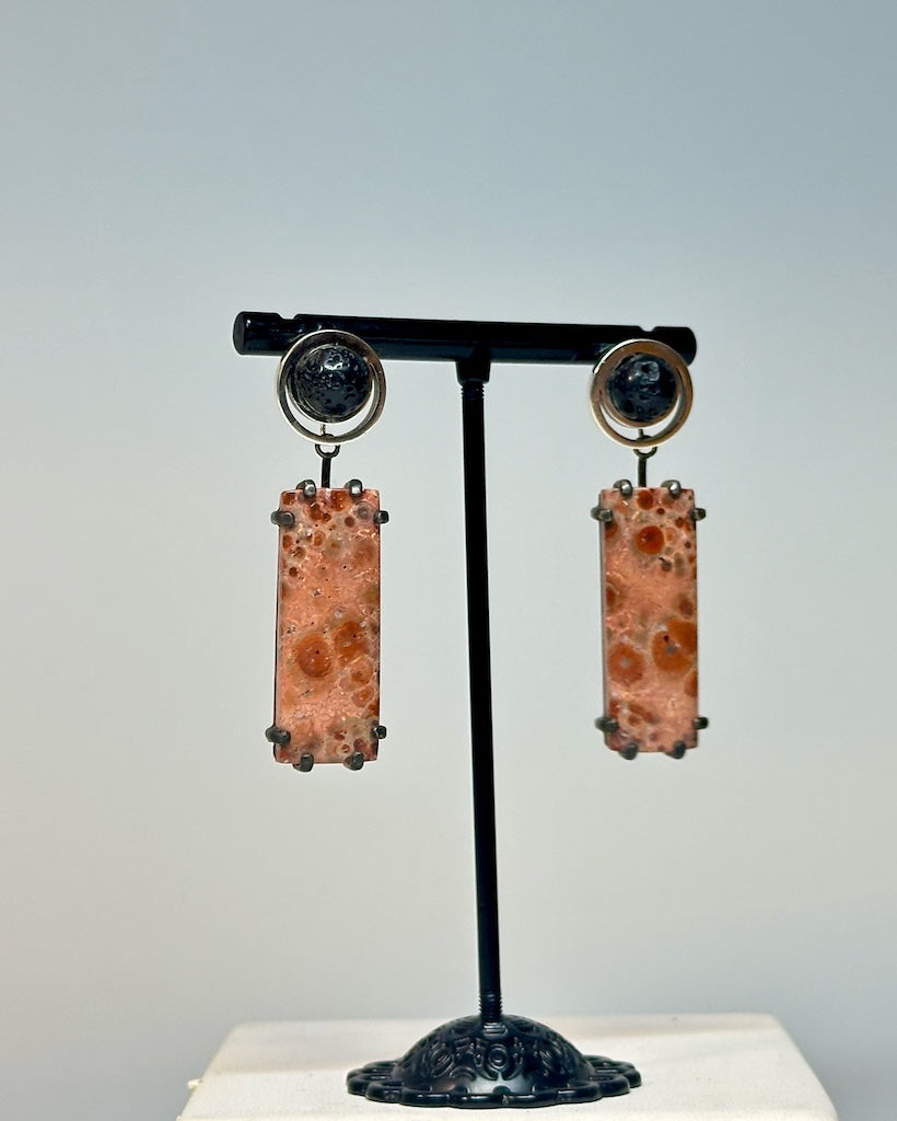 "LUNATION 2" EARRINGS WITH LAVA STONE, JASPER, POLISHED AND OXIDIZED STERLING SILVER AV142