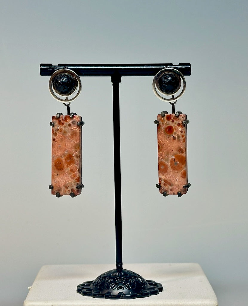 "LUNATION 2" EARRINGS WITH LAVA STONE, JASPER, POLISHED AND OXIDIZED STERLING SILVER AV142