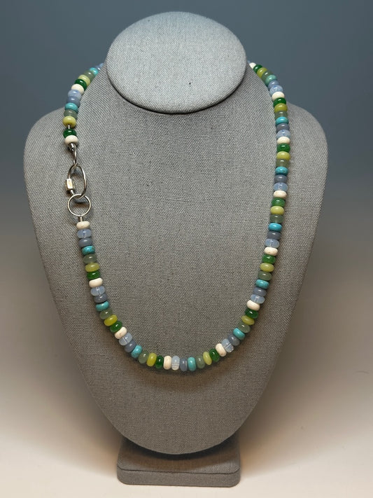 SEMI-PRECIOUS MIXED RONDELLE STONE NECKLACE WITH STERLING SILVER CARIBEANDER CLASP AV2541