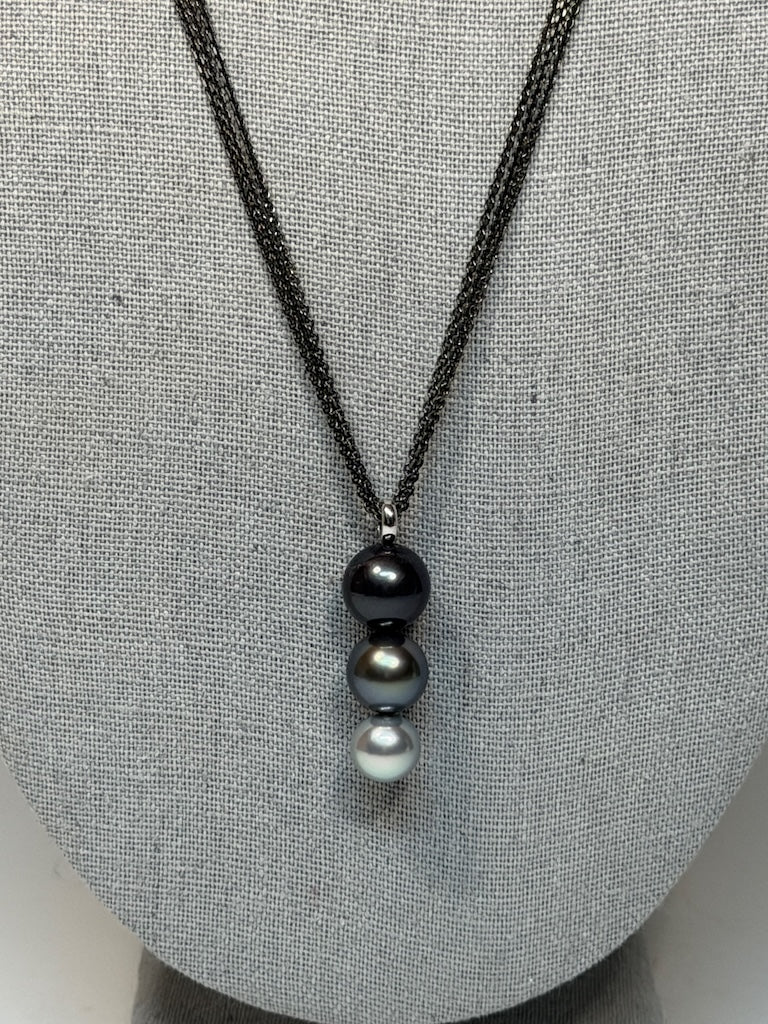 18K WHITE GOLD FANCY ROUND TAHITIAN PEARL TRIOL PENDANT ON STERLING SILVER RUTHENIUM CHAIN NECKLACE AV2617 & AV2618 SET