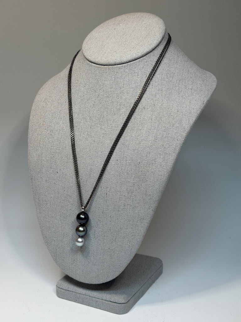 18K WHITE GOLD FANCY ROUND TAHITIAN PEARL TRIOL PENDANT ON STERLING SILVER RUTHENIUM CHAIN NECKLACE AV2617 & AV2618 SET