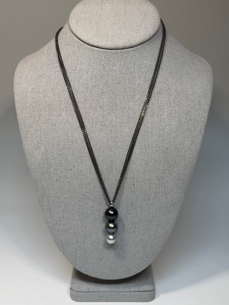 18K WHITE GOLD FANCY ROUND TAHITIAN PEARL TRIOL PENDANT ON STERLING SILVER RUTHENIUM CHAIN NECKLACE AV2617 & AV2618 SET