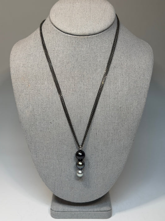 18K WHITE GOLD FANCY ROUND TAHITIAN PEARL TRIOL PENDANT ON STERLING SILVER RUTHENIUM CHAIN NECKLACE AV2617 & AV2618 SET