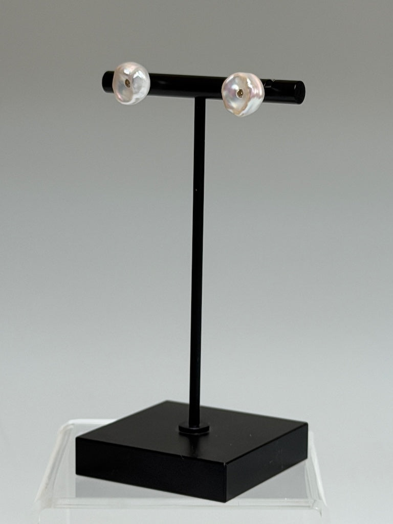 WHITE FRESH WATER KESHI PEARL & NATURAL DIAMOND STERLING SILVER STUD EARRINGS AV2629