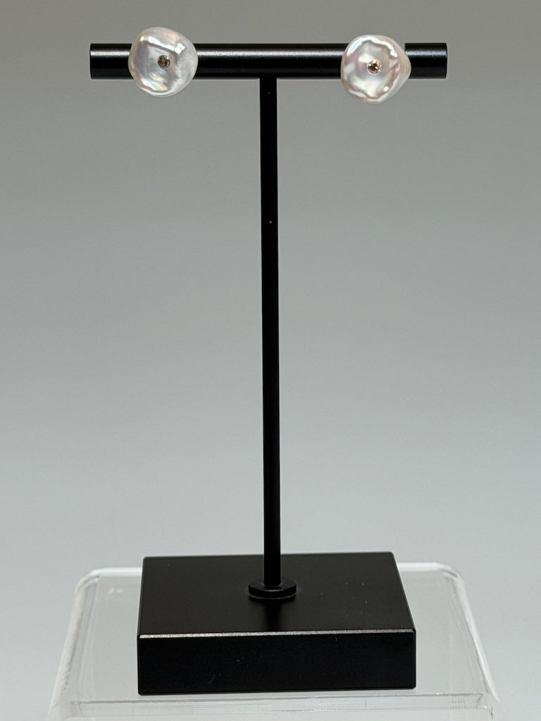 WHITE FRESH WATER KESHI PEARL & NATURAL DIAMOND STERLING SILVER STUD EARRINGS AV2629