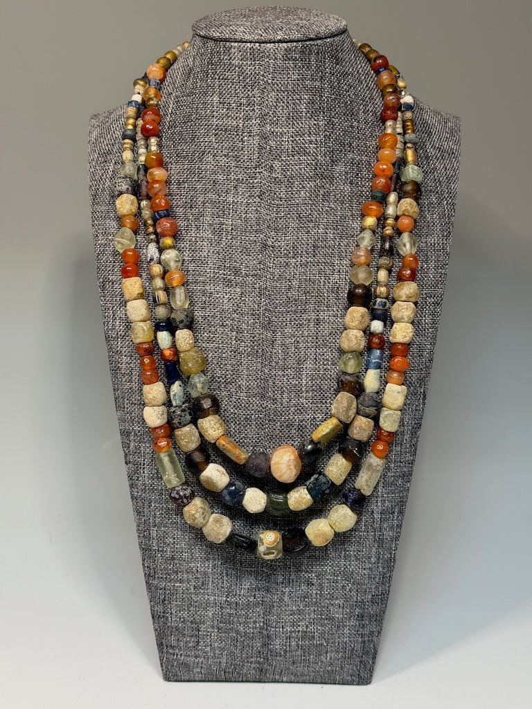 TRIPLE STRAND ANCIENT ROMAN GLASS AND STONE NECKLACE AV2648