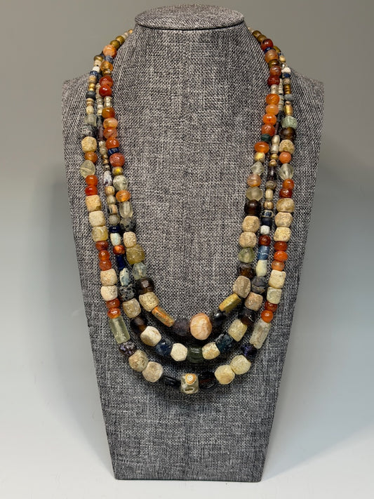 TRIPLE STRAND ANCIENT ROMAN GLASS AND STONE NECKLACE AV2648