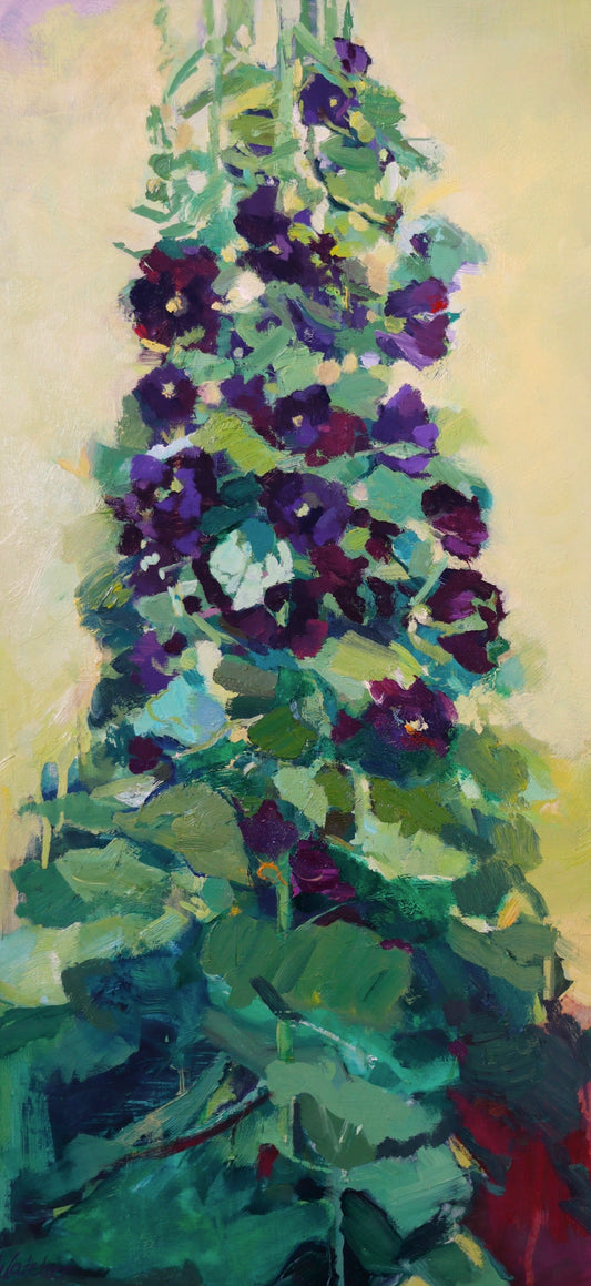 "HOLLYHOCKS" ORIGINAL OIL ON CRADLED WOODEN PANEL