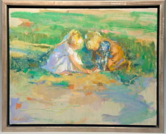 "PLAYING IN THE SAND" ORIGINAL OIL ON BOARD /FRAMED