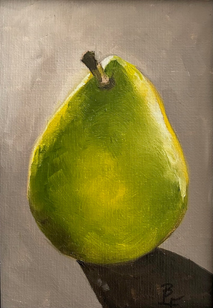 SMALL GREEN PEAR 2 - ORIGINAL OIL ON CANVAS/FRAMED