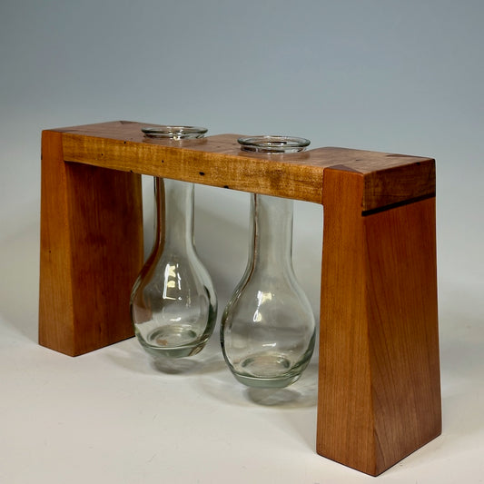 2 GLASS WOODEN BUD VASE HOLDER WITH SPALTED MAPLE AND CHERRY