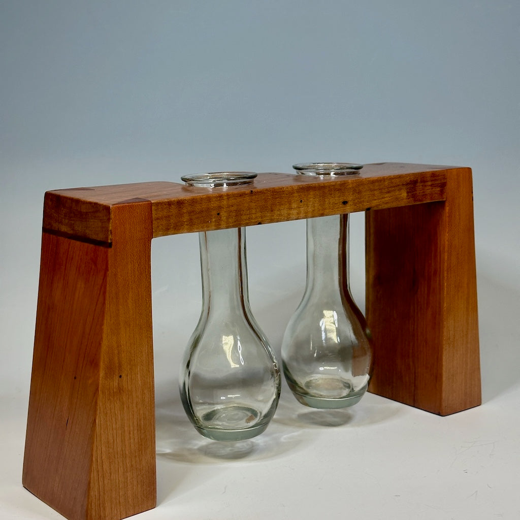 2 GLASS WOODEN BUD VASE HOLDER WITH SPALTED MAPLE AND CHERRY