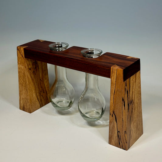 2 GLASS WOODEN BUD VASE HOLDER WITH ROSEWOOD AND SYCAMORE