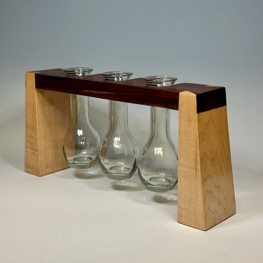 3 GLASS WOODEN BUD VASE HOLDER WITH BOLIVIAN ROSEWOOD