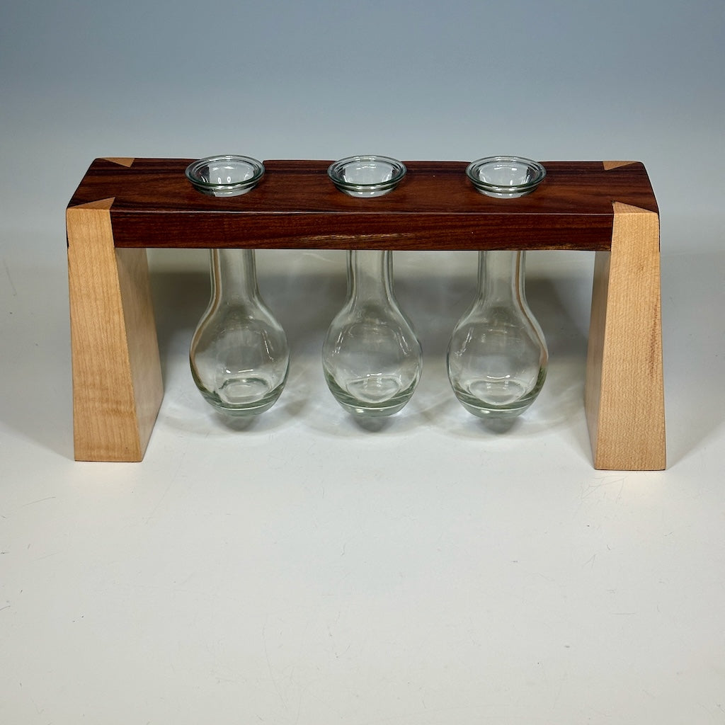 3 GLASS WOODEN BUD VASE HOLDER WITH BOLIVIAN ROSEWOOD