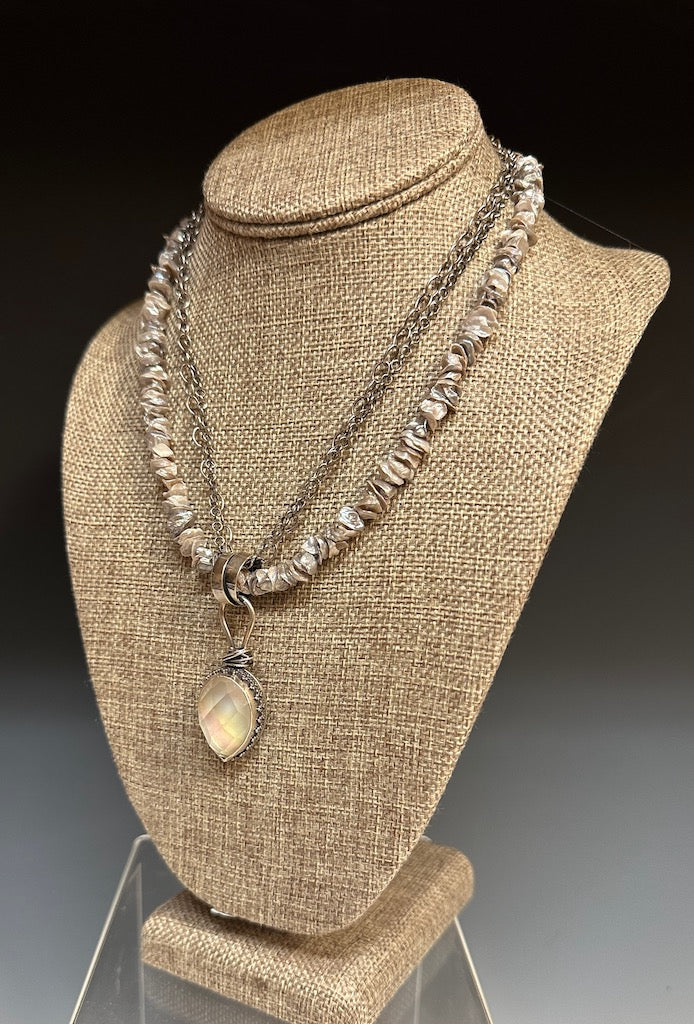 .925 MOTHER OF PEARL PENDANT ON DOUBLE CHAIN WITH KESHI PEARLS BR101