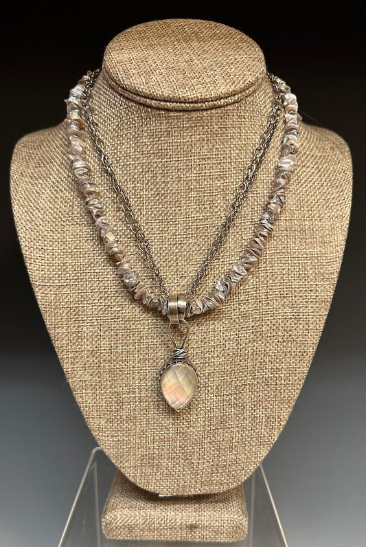 .925 MOTHER OF PEARL PENDANT ON DOUBLE CHAIN WITH KESHI PEARLS BR101