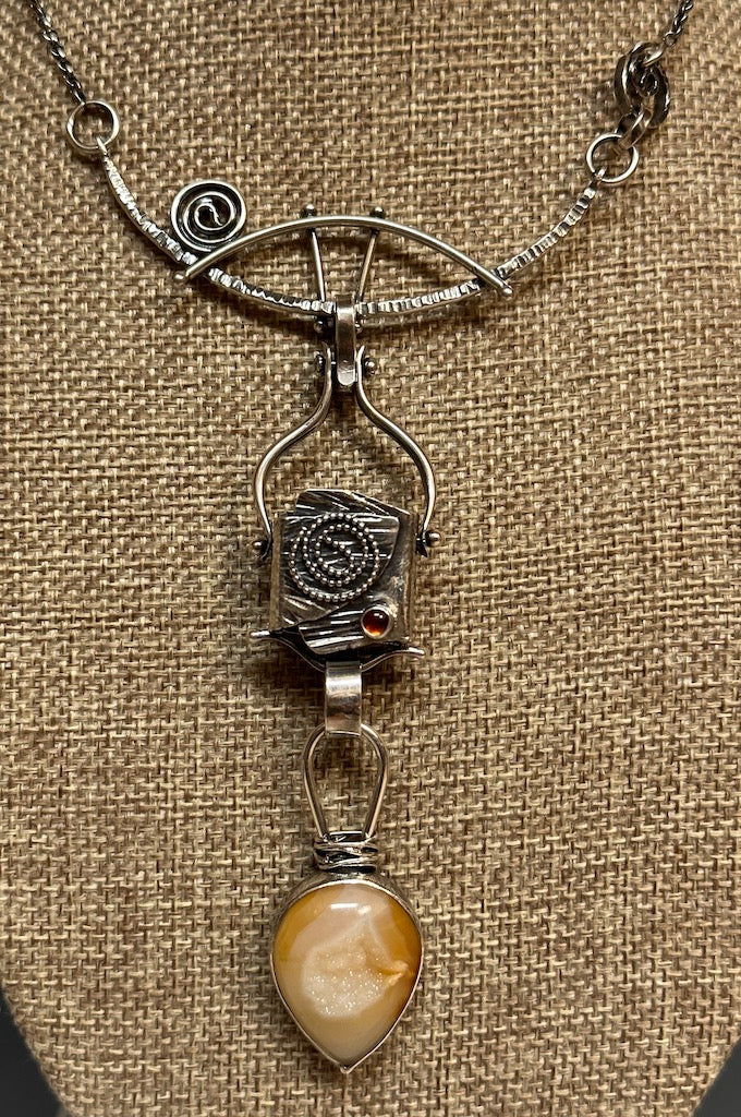 "TOTEM OF TRANSITION" .925 NECKLACE W/ORANGE AGATE DRUSY AND CARNELIAN BR103