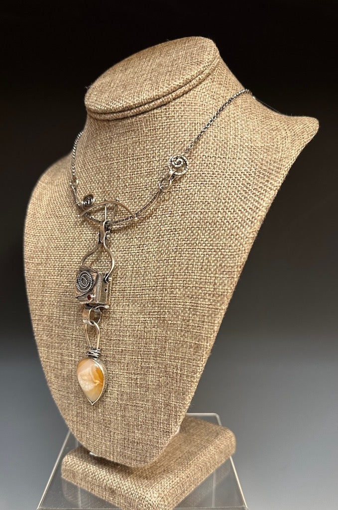 "TOTEM OF TRANSITION" .925 NECKLACE W/ORANGE AGATE DRUSY AND CARNELIAN BR103