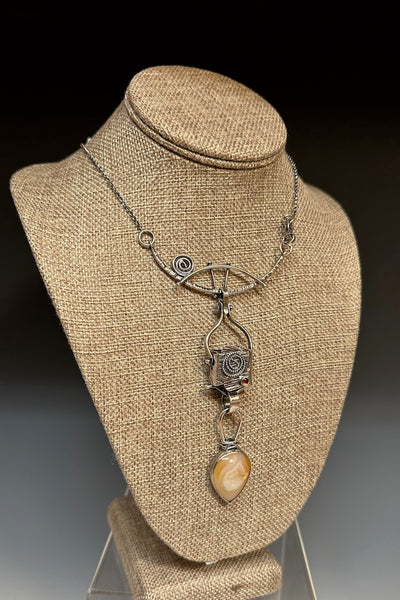 "TOTEM OF TRANSITION" .925 NECKLACE W/ORANGE AGATE DRUSY AND CARNELIAN BR103