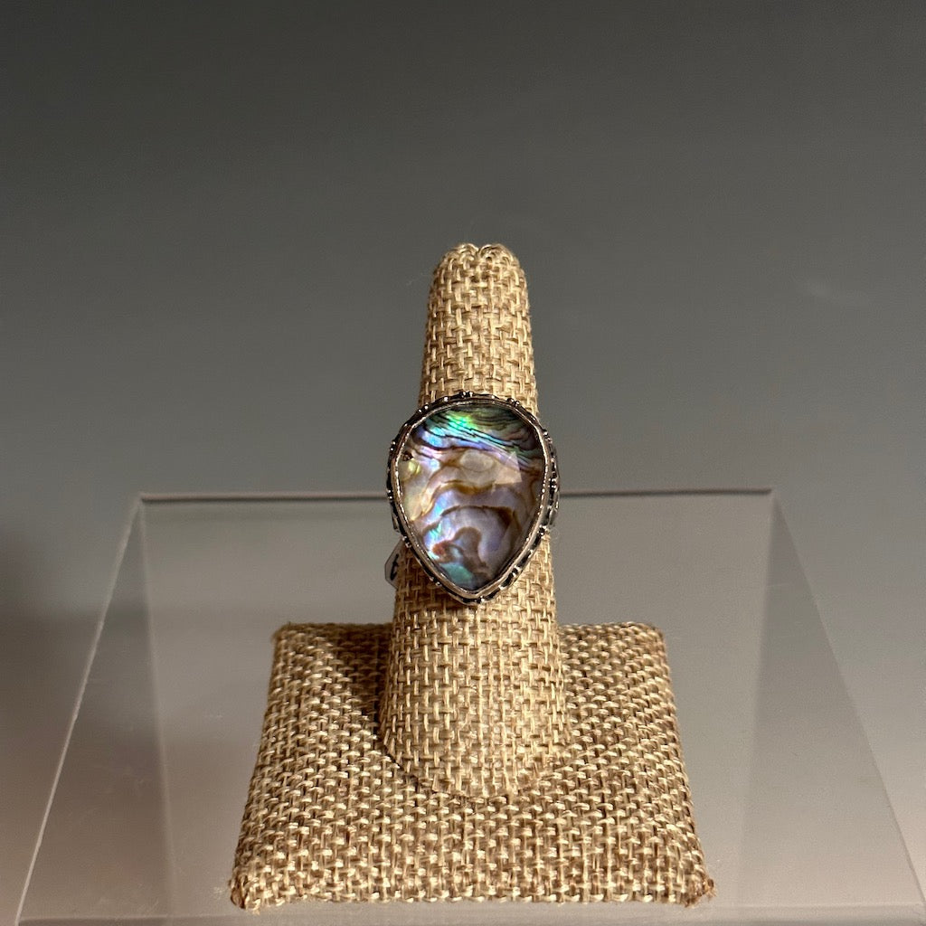 .925 ABALONE & CLEAR QUARTZ DOUBLET STATEMENT RING BR143