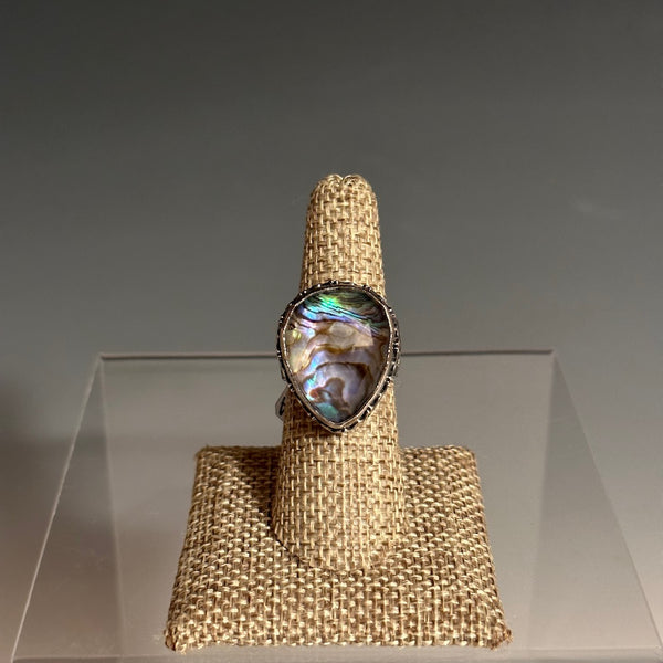 .925 ABALONE & CLEAR QUARTZ DOUBLET STATEMENT RING BR143