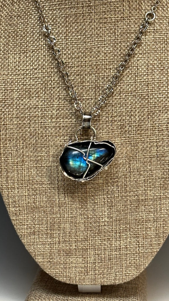 .925 CROSS CAGED LABRADORITE PENDANT ON STERLING SILVER QUINN CHAIN NECKLACE BR149