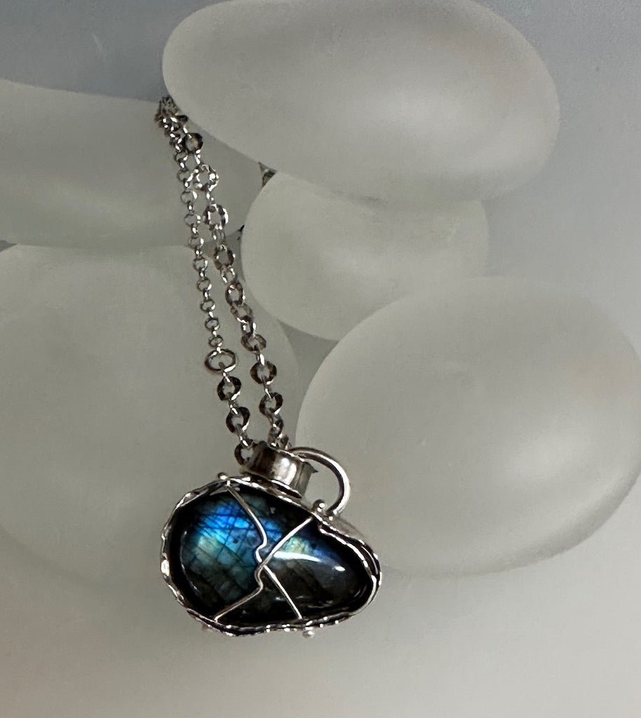 .925 CROSS CAGED LABRADORITE PENDANT ON STERLING SILVER QUINN CHAIN NECKLACE BR149