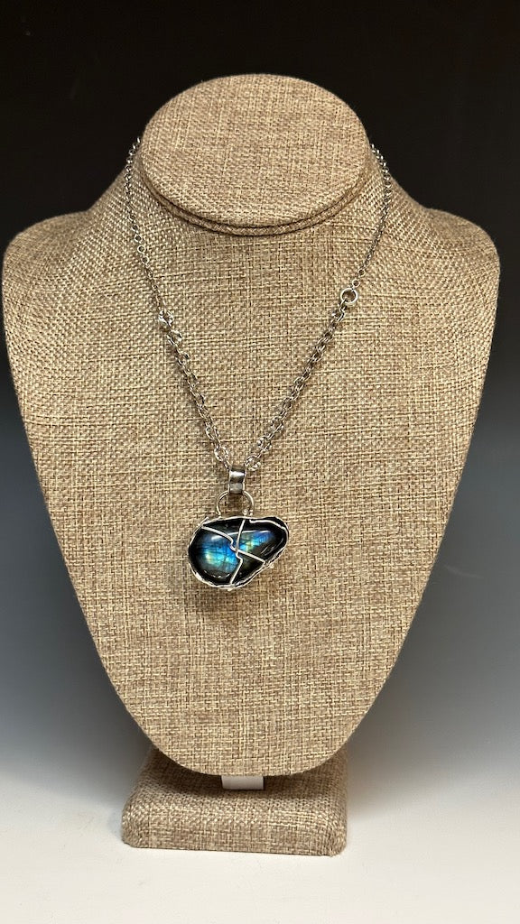 .925 CROSS CAGED LABRADORITE PENDANT ON STERLING SILVER QUINN CHAIN NECKLACE BR149