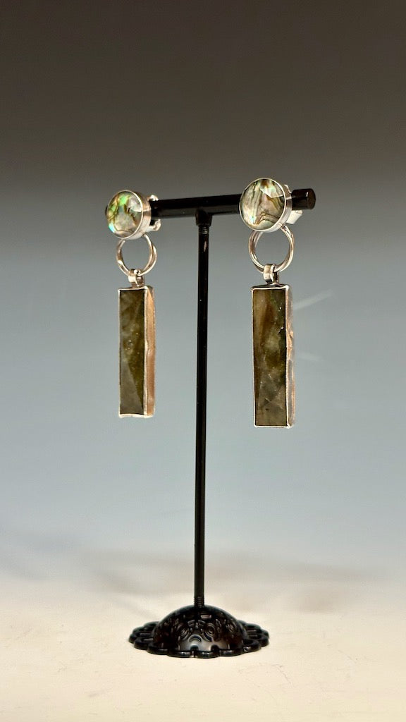 .925 INSIGHT EARRINGS WITH RAINBOW LABRADORITE AND ABALONE BR157