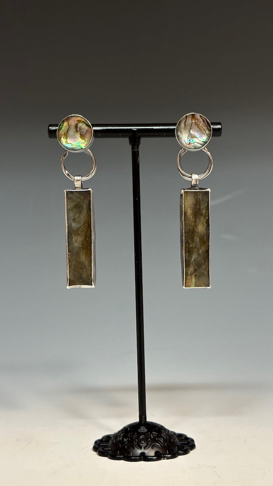 .925 INSIGHT EARRINGS WITH RAINBOW LABRADORITE AND ABALONE BR157