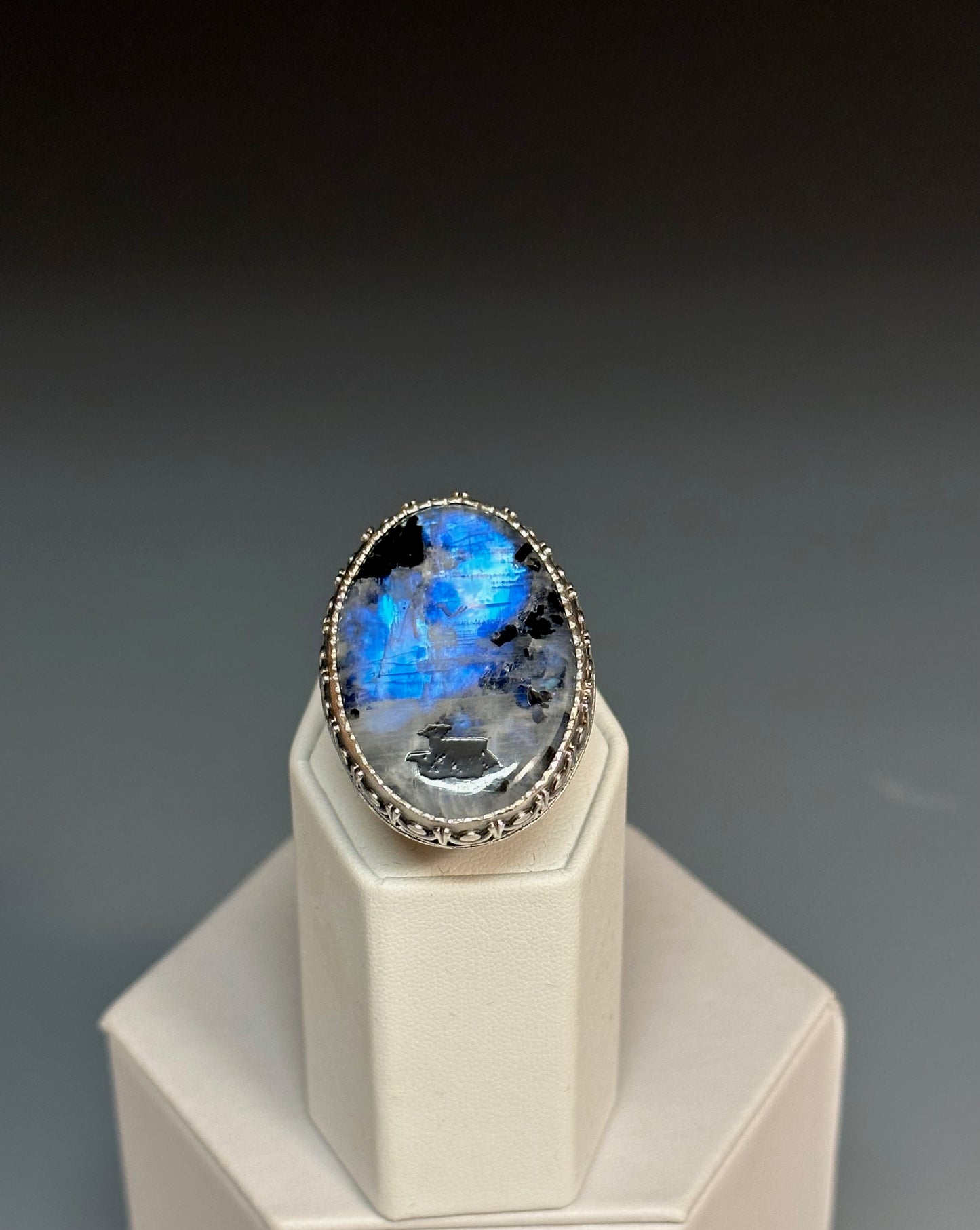 925 "ARISING LIGHT" BLACK TOURMALINE RAINBOW MOONSTONE MIGHTY STATEMENT RING BR185