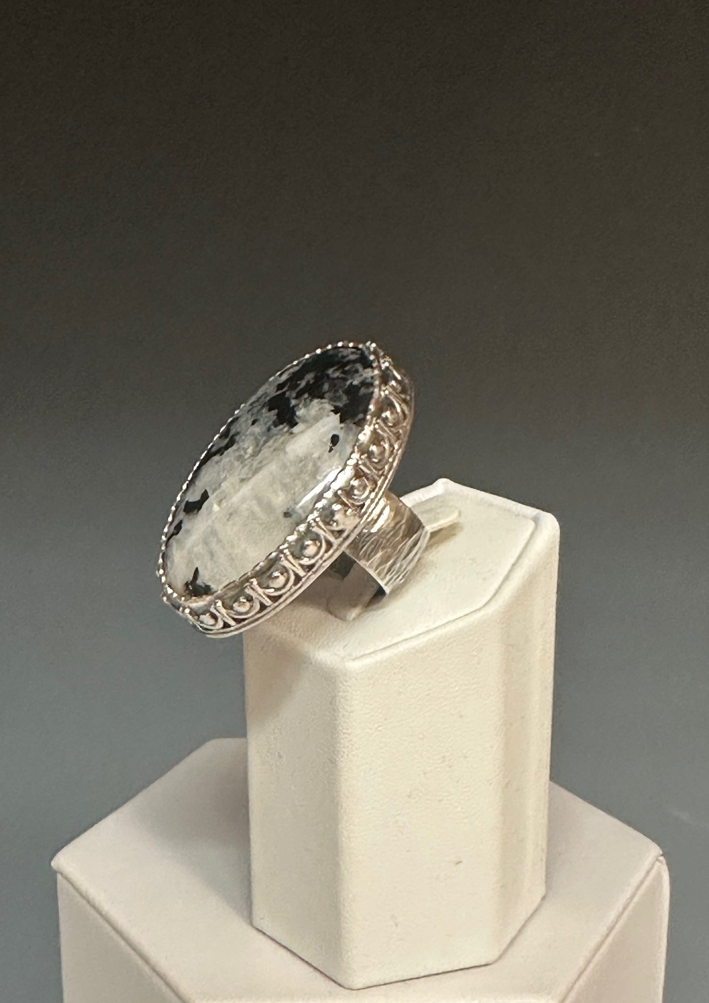 925 "ARISING LIGHT" BLACK TOURMALINE RAINBOW MOONSTONE MIGHTY STATEMENT RING BR186