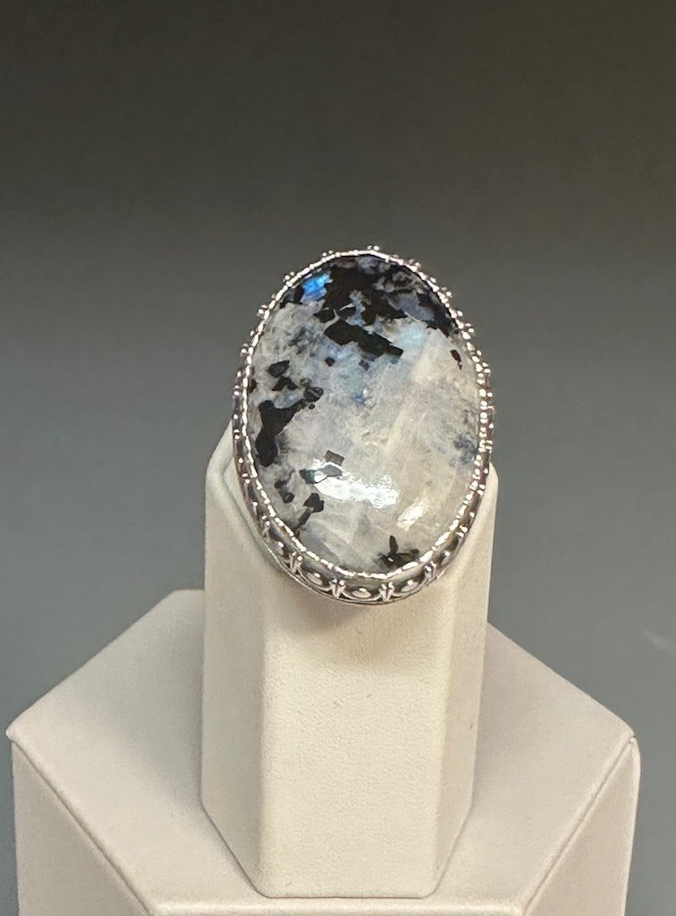 925 "ARISING LIGHT" BLACK TOURMALINE RAINBOW MOONSTONE MIGHTY STATEMENT RING BR186