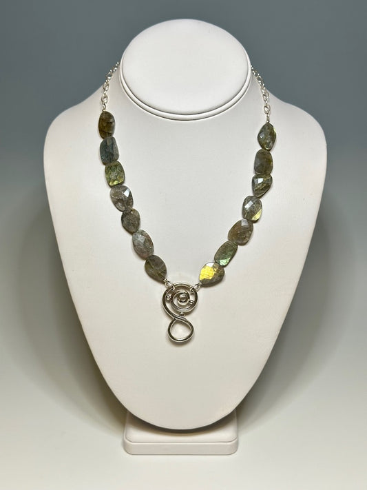 .925 LABRADORITE BEAD CHAIN NECKLACE WITH SWIRL DROP BR266