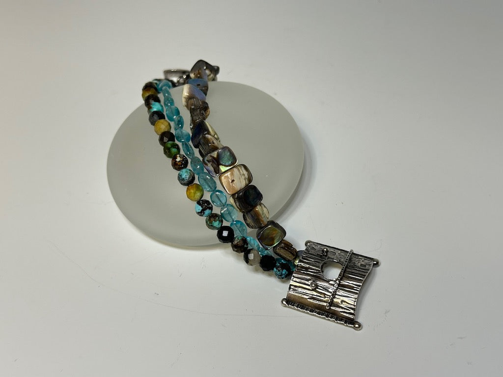 .925 WILDWOOD TRIPLE STRAND BRACELET WITH TURQUOISE, APATITE AND ABALONE   BR271