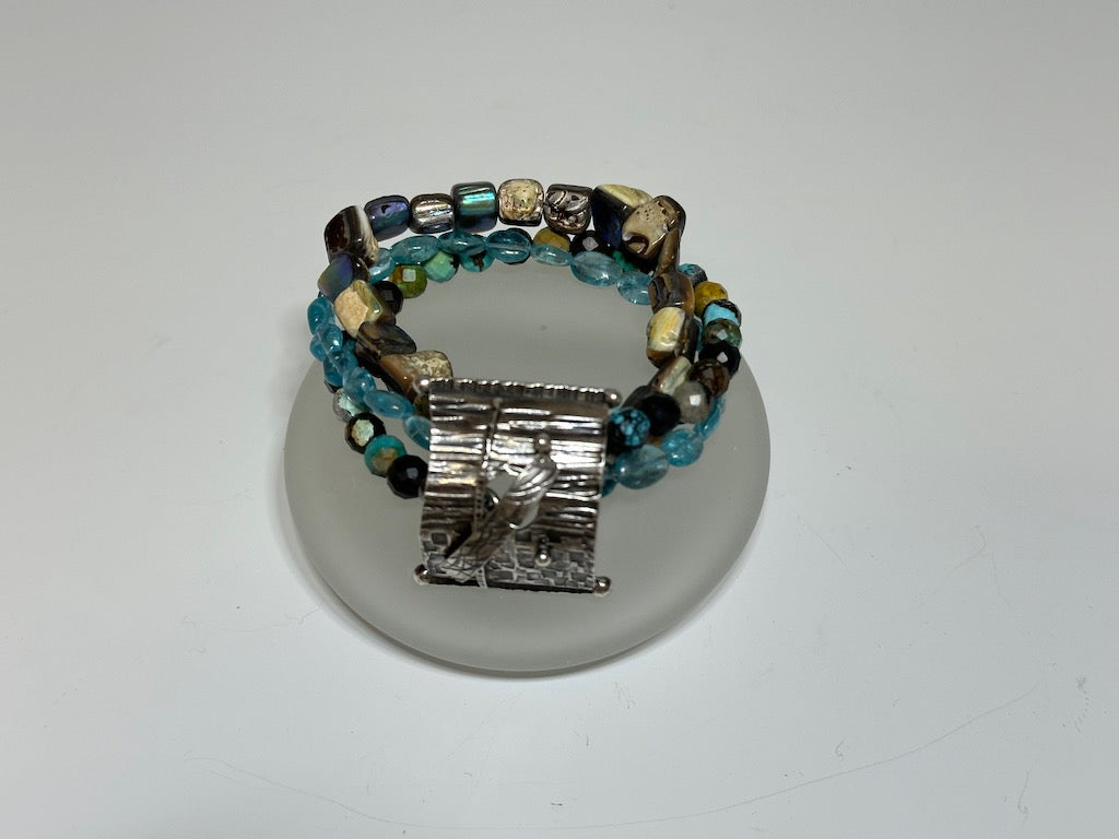 .925 WILDWOOD TRIPLE STRAND BRACELET WITH TURQUOISE, APATITE AND ABALONE   BR271