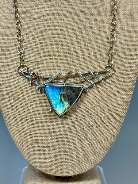 .925 CROSSING PATHS - LABRADORITE AND ORANGE TOURMALINE PENDANT AND CHAIN BR311