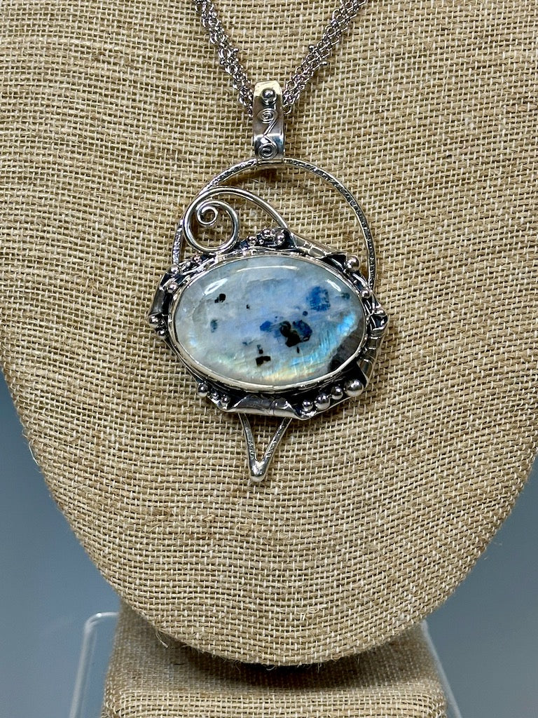 .925 RIGHT HERE TOURMALATED RAINBOW MOONSTONE PENDANT AND TRIPLE CHAIN BR313